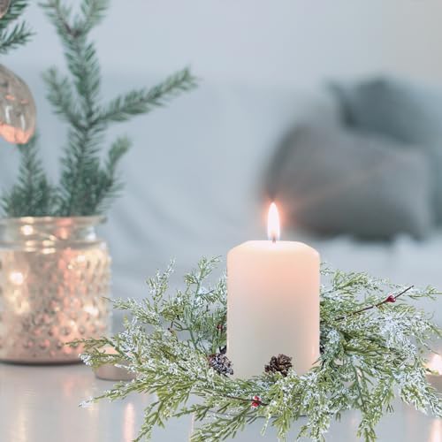 Winlyn 4 Pcs Artificial Snowy Cedar Pine Candle Rings Christmas Candle Holder Rings Wreaths with Pine Cones Red Pip Berries Mini Winter Wreaths 15.7" Wide for Farmhouse Christmas Winter Holiday Décor