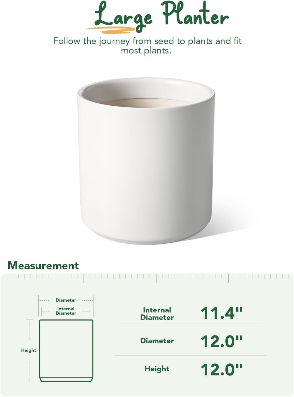 LE TAUCI 12 Inch Pot for Plants, Ceramic Planters for Indoor Plants, Mid-Century Modern Cylinder Flower Pots with