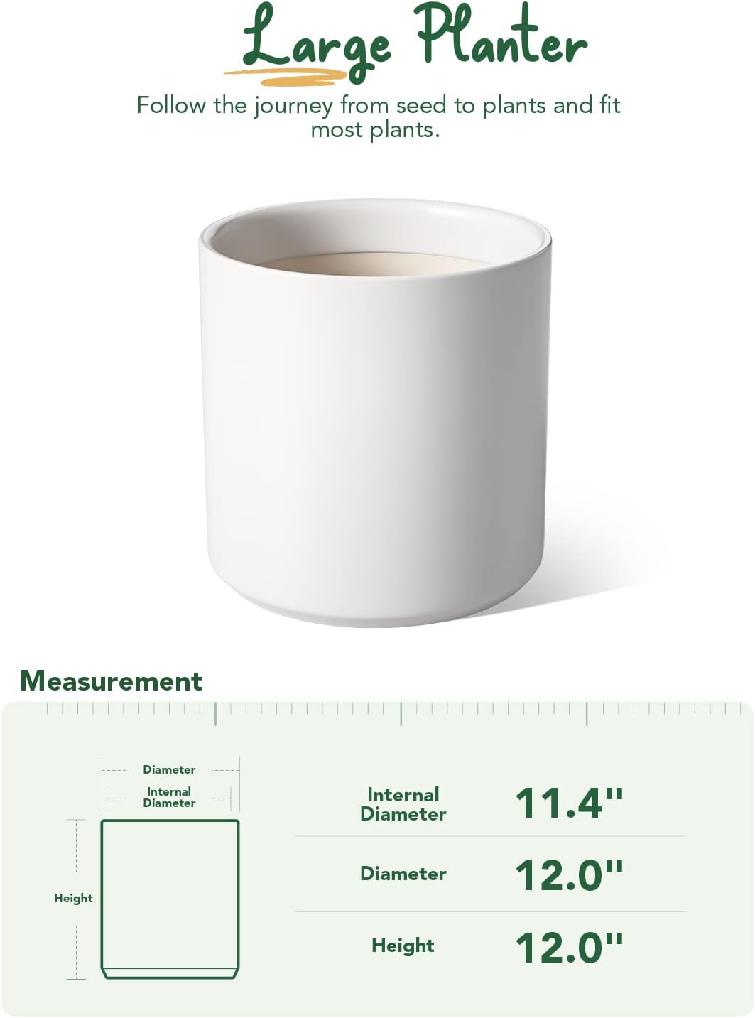 LE TAUCI 12 Inch Pot for Plants, Ceramic Planters for Indoor Plants, Mid-Century Modern Cylinder Flower Pots with