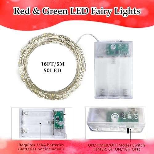 4 Pack Fairy Lights Battery Operated Christmas Lights Timer Red and Green