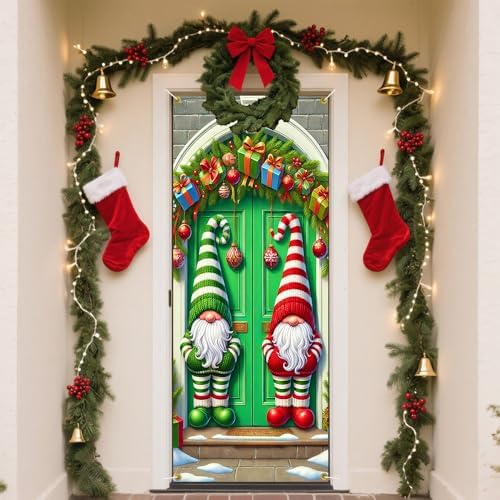 Twin Gnomes Red Green Striped Hats Christmas Door Cover 35x71in