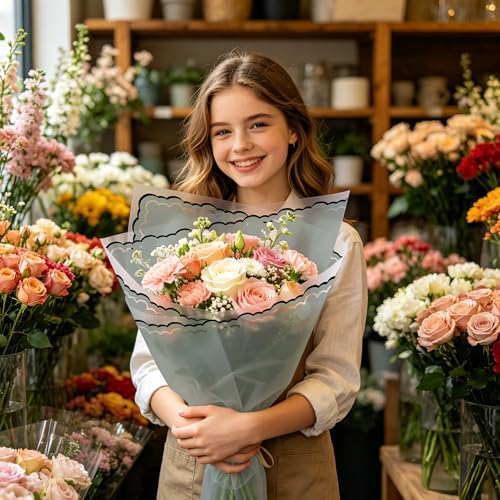 WRAPAHOLIC 20 Sheets Grey Flower Wrapping Paper - 22.4 x 22.4 inch Light Grey and Wavy Edge Design Water-Resistant Floral Bouquet Wrapping Paper, Florist Supplies Packaging for Anniversary and Birthday Gift DIY