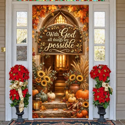 Fall Door Cover Decorations, 70.8 x 35.4 In With God All Things Are Possible Christian Harvest Front Door Banner with Ribbon, Thanksgiving Porch Sign for Party Decor