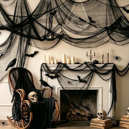 OKBA 8 Pack Halloween Black Gauze Wall Decor,Outdoor Halloween Decorations Webbing,Mesh Spooky Fabric,30X72 IN Black Cheesecloth For Haunted House Indoor Creepy Cloth (5 Black+3 White)