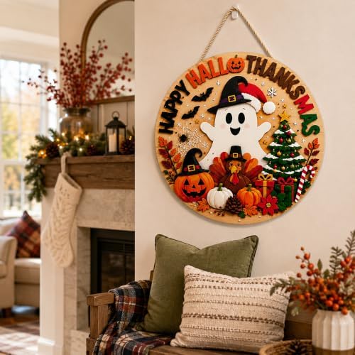Halloween Decorations - Happy Hallothanksmas Wooden Sign for Front Door