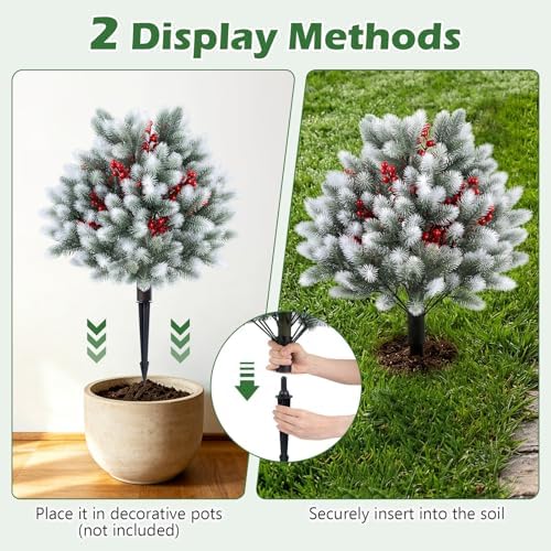 Goplus Artificial Cedar Topiary Ball Trees Set of 2, 27.5" Faux Pine Needle Bushes with Ground Spikes, Sun-Resistant Indoor Outdoor Fake Shrub Plants for Front Porch, Patio, Yard Winter Decor