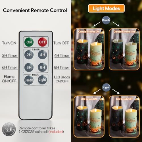 Eywamage Halloween Pumpkin Fiber Optic Flameless Pillar Candles with Remote