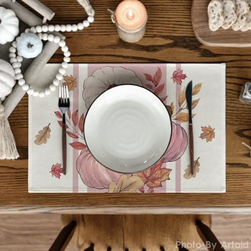 Artoid Mode Pink Pumpkin Maple Leaf Fall Placemats Set of 4-12 x 18 Inch
