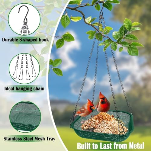 Hanging Platform Bird Feeder for Outdoors, 11 in Square Tray, Green