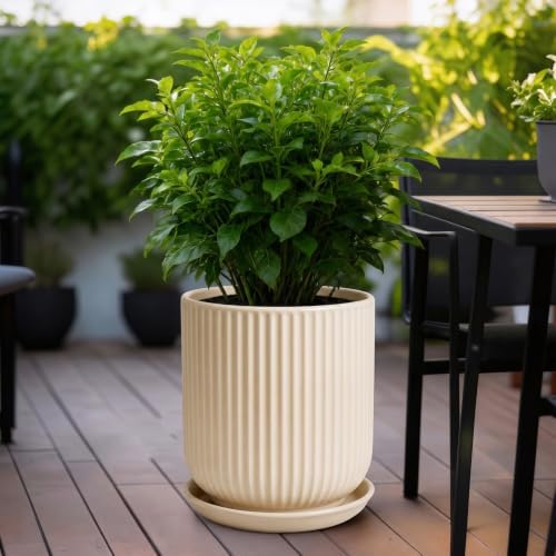 Deep Dream 10 Inch Ceramic Pots for Plants, Heavy Plant Pot for Indoor Outdoor Plants, Large Plant Pot with Drainage Hole and Saucer, Modern Tall Flower Pot, Gifts for Plant Lovers, Cream
