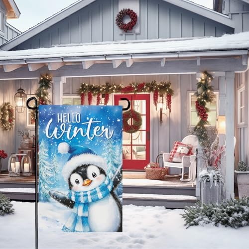 Hello Winter Penguins Garden Flags for Outside 12x18 Inch Snow Scenery Welcome Small Yard Flag Double Sided Snowflakes Flags for Outdoor Decorations