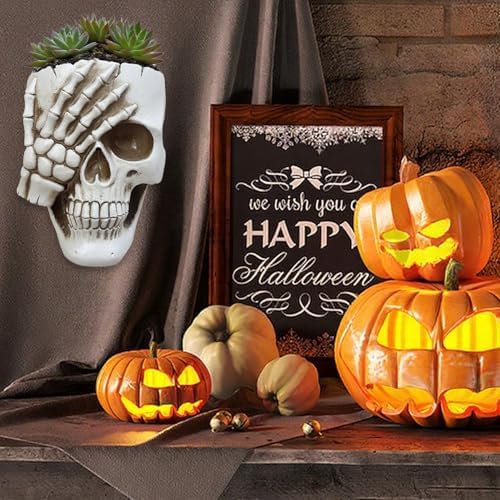 Skull Wall Planter Skull Planter for Halloween Indoor Outdoor Plants, Gothic Spooky Face Head Hanging Flower Pot with Drainage for Fence Decoration (Don't Look White)