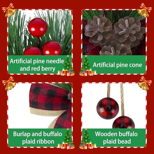 codree 6 Pcs Christmas Burlap Plaid Bows with Pine Cones Pine Needles