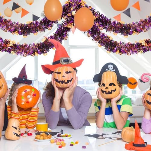 33ft Halloween Tinsel Garland, Metallic Twisted Tinsel Garland Pumpkin Hanging Garland Decoration for Home Tree Fireplace Mantle Home Party Decor