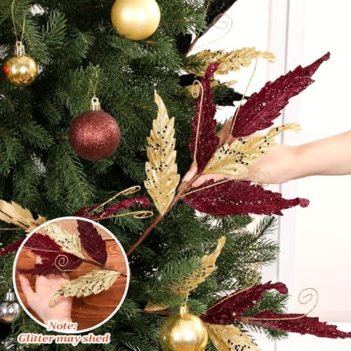 HyDren 10 Pcs Christmas Glitter Leaves Ornaments, Burgundy and Gold