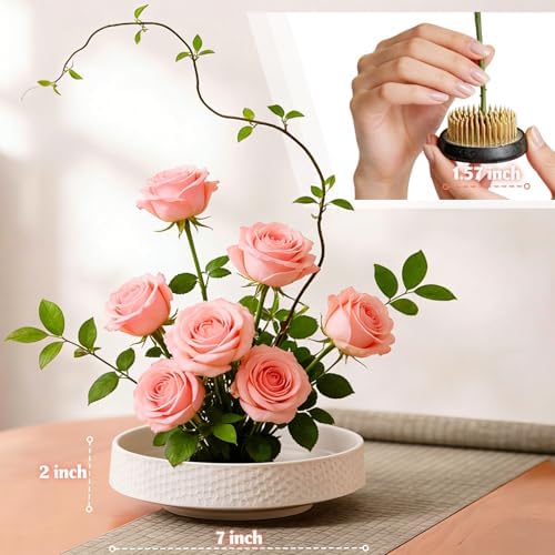 Japanese Ikebana Vase Kit, Flower Shallow Container Ceramics Flower Bowl Ikebana Vase with 1.57inch Flower Frog and Floral Frog Floristry Kenzan Needle Straightening Tool