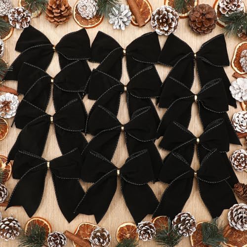 Janinka 12 Pcs 6 Inch Christmas Velvet Bows for Wreath Decoration, Black