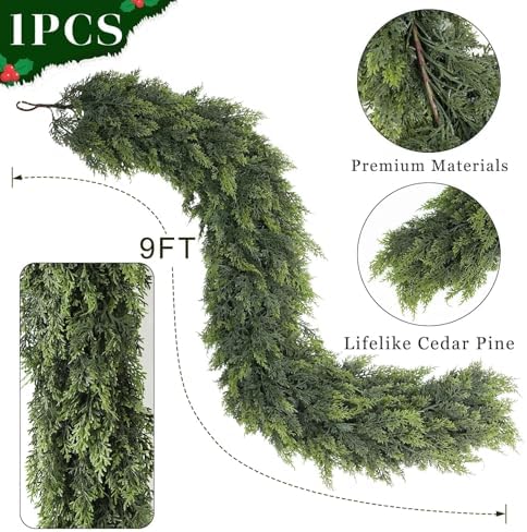 9FT 1Pcs Lifelike Touch Artificial Christmas Cedar Garland for Mantle Decor