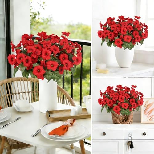 Artificial Flowers for Outdoors, Faux Petunias Spring Summer Decoration, Fake Flowers Plants UV Resistant Look Real Silk Flowers for Outside Planter Front Door Porch Patio Yard (6, Red)