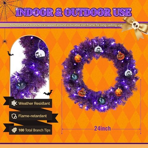 VINGLI 24" Purple Christmas Wreath with Battery LED Lights, Colorful Decor