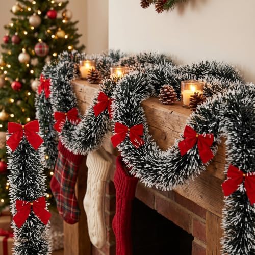 Dilunave Christmas Tinsel Garland with Red Bows,Bow Style,19.7 Feet