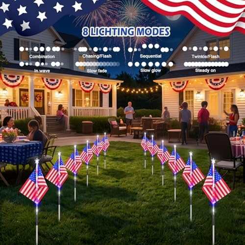 12 Pack 108 LEDs American Flag Pathway Lights w/ 8-Mode for July 4th