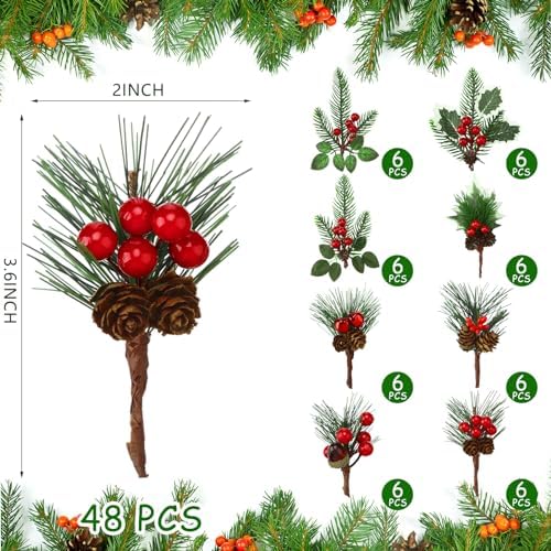 48 Pcs Christmas Floral Picks and Sprays Cone Berry Stems for Craft, Vivid