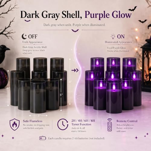 Homemory Dark Gray Flameless Candles, Purple Glow, Remote Timer, Set of 9