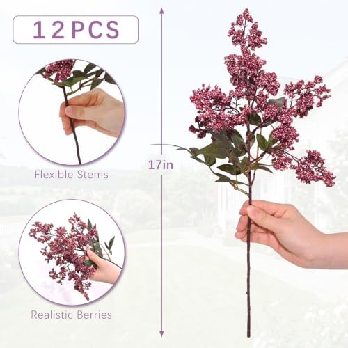 12Pcs 17in Artificial Nandina Berry Stem for Vase Decor(Dusty Plum)