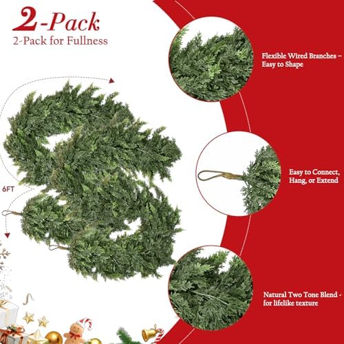 2PCS 6FT Christmas Cedar Garland with 160 Pine Branches, Realistic Faux Garland Artificial Greenery for Fireplace, Table, Mantle, Wall, Indoor, Outdoor,Home Decorations