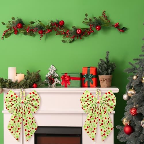 Suncalla 2 Pcs Red Green Christmas Dot Wreath Bows 18'' x 12''