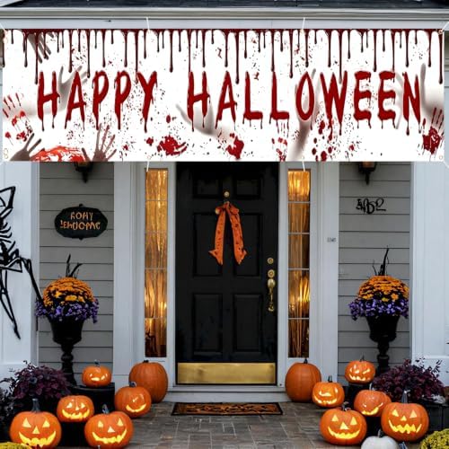 118"x35" Extra Large Happy Halloween Banner Big Spooky Halloween Backdrop for Giant Outdoor Yard Easy Hang with Ropes&Grommets–Perfect for Fence, Porch, Garden, Haunted House Party Signs (Bloody Hand, 118"x35")