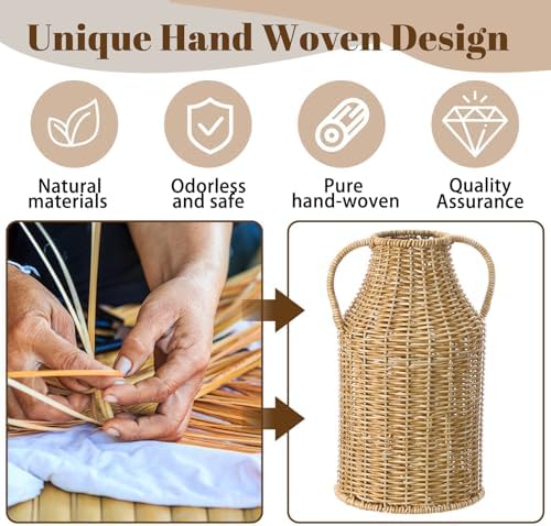 Faux Rattan Vase Wicker Vase Country Style, Double Handles, 11" h