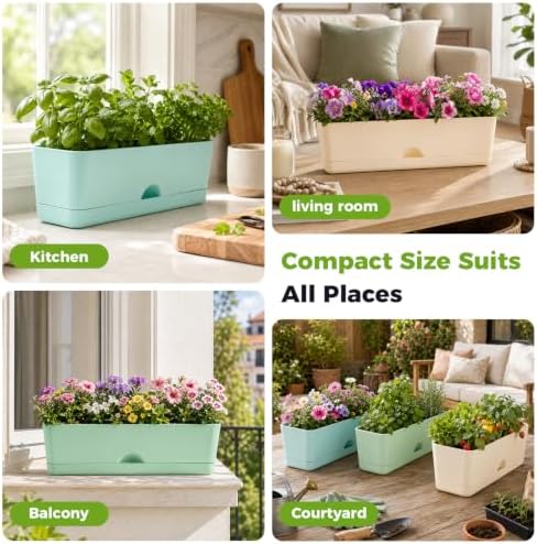 6 Pack Rectangle Planter 16 Inch Window Boxes Planters Rectangular Window Sill Planters Indoor Self Watering Plant Pots with Drainage Holes and Saucers Succulent Herb Flower Pots, Macaron Color