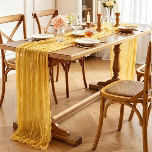 Yellow Cheesecloth Table Runner, 10FT Rustic Gold Boho Gauze Table Runner for Wedding Bridal Shower Baby Shower Birthday Tea Party Decorations