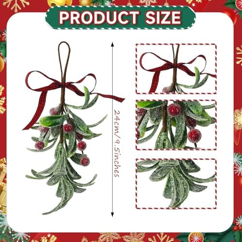 2PCS Christmas Mistletoe Ornament, Snow Flocked Mistletoe Hanging Bunch