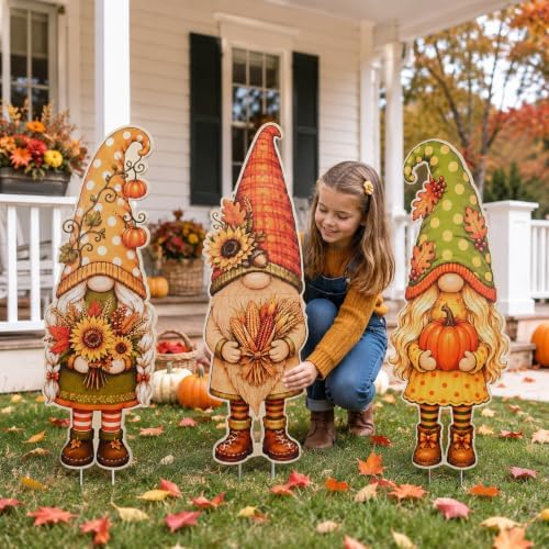 3Pcs Fall Yard Signs Stakes Decor Gnome Autumn Thanksgiving Decorations