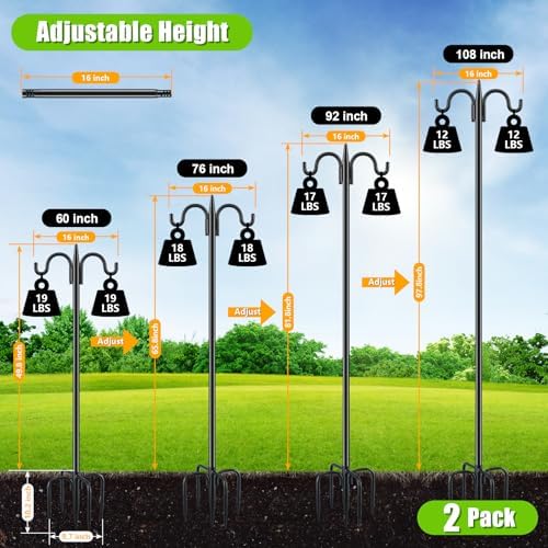Gtongoko Bird Feeder Pole for Outdoors Heavy Duty, 2 Pack 77 Inch Double Shepherds Hook with 5-Prong Stable Base, 3/4 Inch Thick Hummingbird Feeder Stand for Hanging Plants, Lanterns