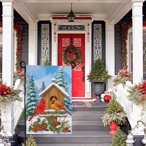 Cardinal Winter Garden Flags 12x18 Double Sided Bird Nest Xmas Outdoor Decor Flag Snow Scenery Yard Flags for Outside Farmhouse Lawn