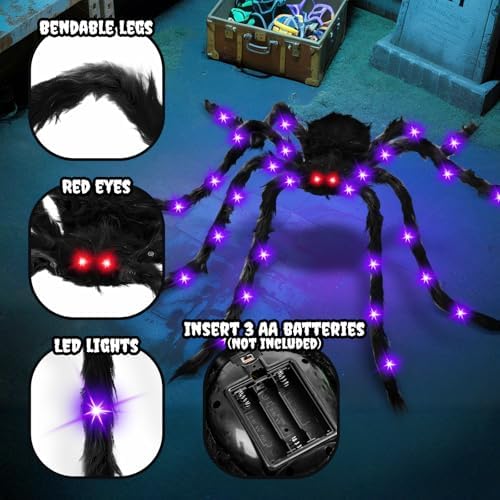 Thuodo 6.6 FT Giant Halloween Light Up Spider, Purple Glowing Hairy Spider