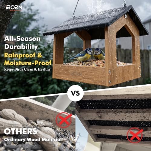iBorn Pavilion Bird Feeder, Covered Platform Bird Feeder for Outdoors Hanging, WPC Recycled Plastic & Waterproof, Black