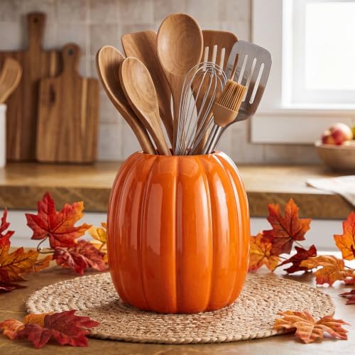 Beeveer 6.7 Inch Ceramic Pumpkin Vase, Large Orange Pumpkin Utensil Holder