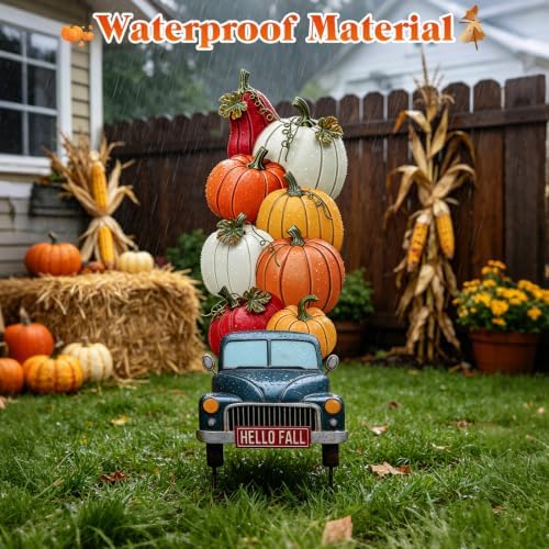 Fall Outdoor Garden Stake Decor, 36.6" Stacked Pumpkin Truck Yard Sign