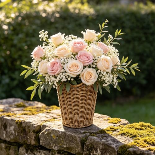 Rattan Planter, Woven Planter Basket for Plants Indoor Outdoor, Rattan Flower Pot, Decorative Plant Holder Basket for Garden Patio Boho Home Decor (Brown&with Base-8.66" H x 7.48" W)