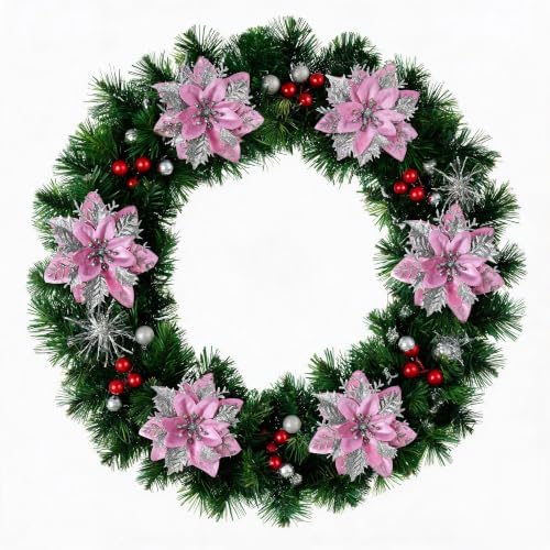 15PCS Artificial Christmas Poinsettia Flowers with Clips and Stems, 5.5 Inch Glitter Pink Xmas Tree Decorations, Holiday Poinsettia Picks Ornaments for Christmas Tree, Wreaths, Garlands & Home