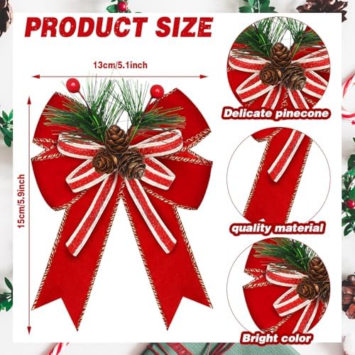 Moucuny 6 Pcs Christmas Velvet Bows Red 5 x 6 Inch for Tree