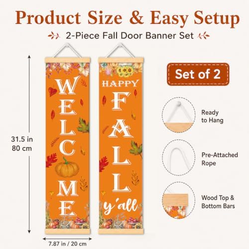 Welcome Fall Door Banner Set of 2, Pumpkin Harvest Porch Decor for Home
