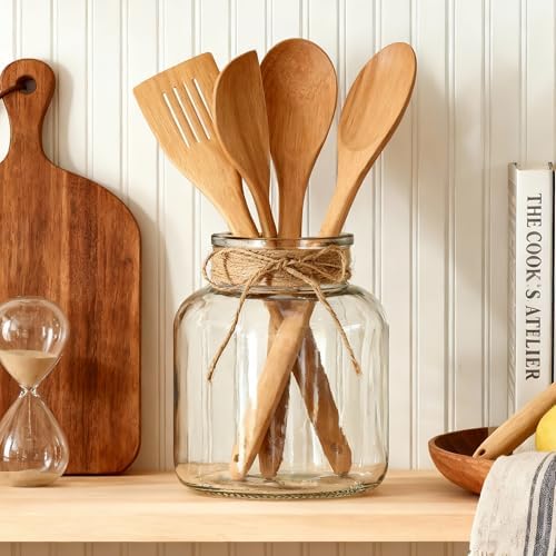 Houmury Glass Vases for Centerpieces Set of 4 Farmhouse 6 Inch Clear Large Vase Utensils Holder with Twine Ties Home Decor for Wedding Living Room Dining Table Office (4)