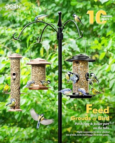 iBorn Metal Bird Feeder for Outside Hanging,Wild Bird Feeders for Cardinal,17.8cm Large Roof&Tray Black 10 Port(Seed is not Included)