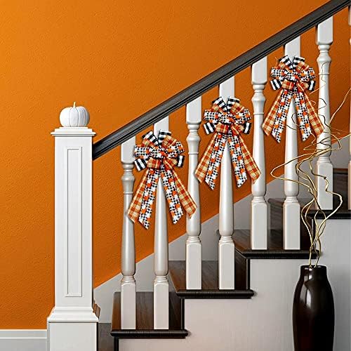 Large Fall Bows for Wreath, Thanksgiving Pumpkins Wreath Bow Orange Buffalo Plaid Burlap Bows Autumn Tree Topper Bow for Front Door Thanksgiving Party Decoration Supplies